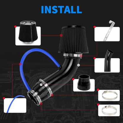 3-Inch Universal Cold Air Intake Kit, Aluminium Automotive Air Intake Pipe Kit with High Flow Filter, Induction Hose System for Cars and Trucks, Black Filter