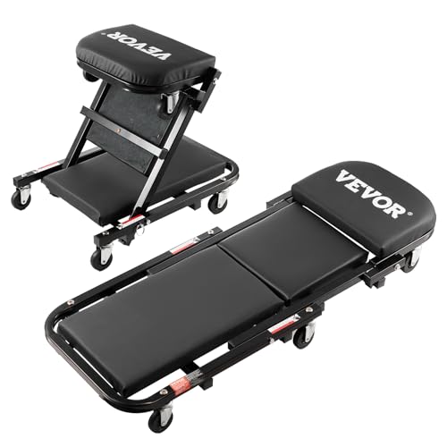 VEVOR Foldable Z Garage Creeper, 40 in, 450 lbs Load Capacity Rolling Folding Mechanic Creeper Stool, with 6 Universal Wheels Padded Seat Steel Frame, Lay Down or Sit Chair for Garage Shop or Home - color: Black, size: 40 inch-2 in 1