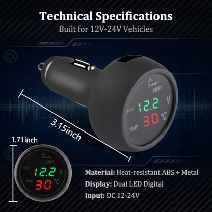 3-in-1 Car USB Power & Voltmeter & Thermometer, Real Time Monitor Gauge with LED Digital Display, Cigarette Lighter Plug and Play Detection Tool, Universal for Cars SUVs Trucks (Black)
