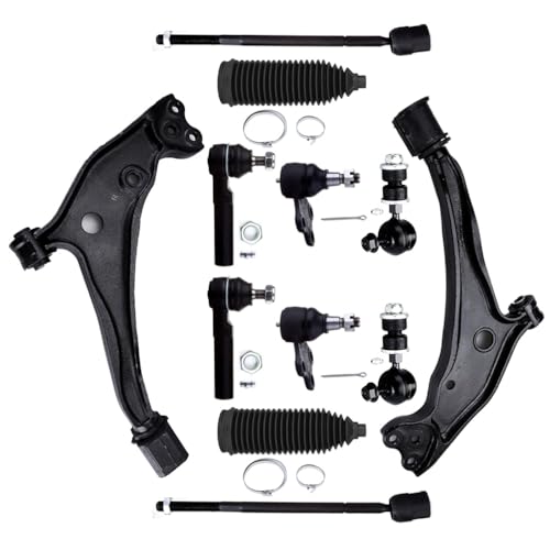 Front Lower Control Arm w/Ball Joint fit 1999-2002 for Nissan Quest for Mercury Villager, Suspension Kit with Inner Outer Tie Rod End w/Steering Boot Sway Bar Link - 12pc Set - color: Control Arm+Tie Rod+Sway Bar+Ball Joint, size: For Nissan Quest|Mercury