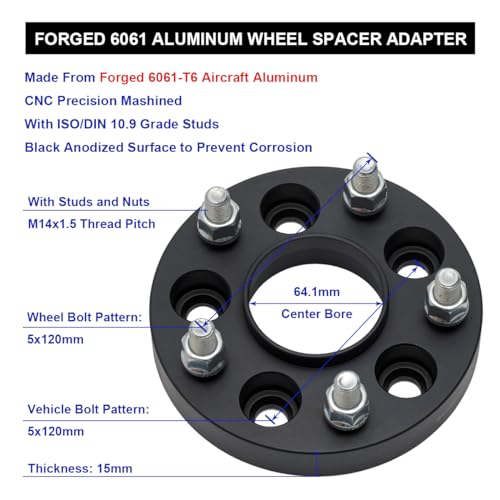 Black Forged 5x120 Hubcentric Wheel Spacers 15mm with 14x1.5 Studs 64.1mm Hub Bore Compatible with Honda-Acura-Tesla for Odyssey Pilot Ridgeline MDX | 2012+ Model S | 2016+ Mode X - Pack of 2 - size: 15MM-Pack of 2