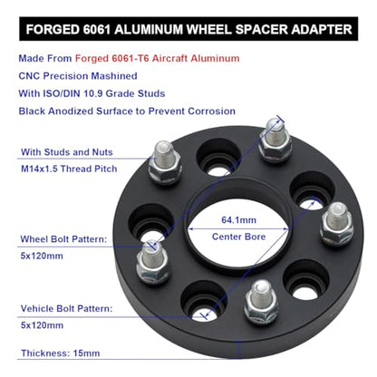 Black Forged 5x120 Hubcentric Wheel Spacers 15mm with 14x1.5 Studs 64.1mm Hub Bore Compatible with Honda-Acura-Tesla for Odyssey Pilot Ridgeline MDX | 2012+ Model S | 2016+ Mode X - Pack of 2 - size: 15MM-Pack of 2