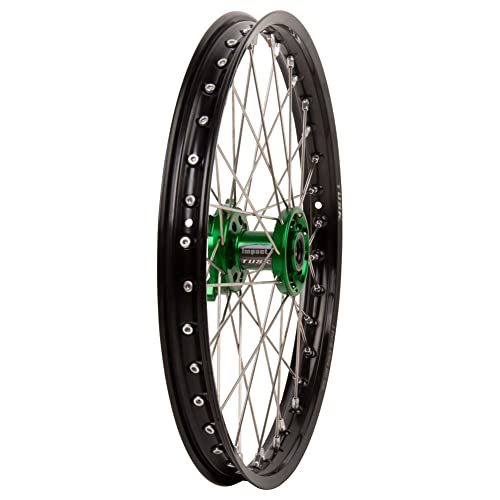 Tusk Impact Complete Wheel - Front 21 x 1.60 Black Rim/Silver Spoke/Green Hub Compatible with Kawasaki KX250 20004-2007,2019-2026/KX250F 2004-2018/KX450 2019-2025/KX450F 2009-2015