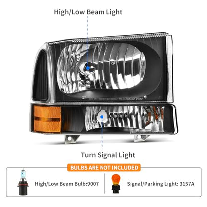 DWVO Headlight Assembly Compatible with 1999-2004 Ford F-250 F-350 F-450 F-550 Super Duty/2000-2004 Ford Excursion Replacement Headlamps Black Housing Clear Lens with Amber Reflector - color: Black+Clear Lens, style: Fit 99-04 F250
