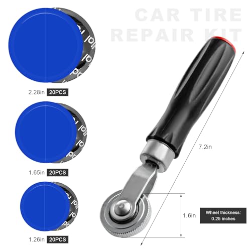 60PCS Tire Patch Kit, 32mm 42mm 58mm Round Rubber Tire Patches with Roller, Universal Tube Patch Tyre Puncture Repair Stitcher Tool for Car Truck Motorcycle Bicycle