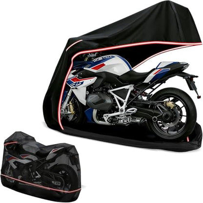 Full Enclosed Motorcycle Cover - Waterproof for Outdoor & Indoor Storage,600D Heavy Duty with Reflective Strips,Fits Scooters & Touring Motorcycles up to Length 108" x 45" x 59" Black - size: 108"Lx 45"Wx 59"H