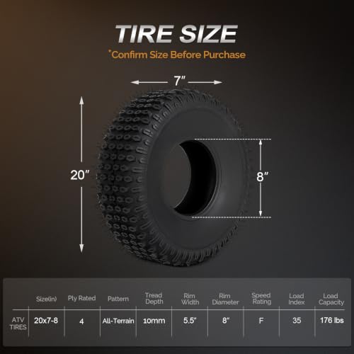 TUFFIOM 20x7-8 ATV UTV tires for All-Terrain, 20x7-8/4 PR Mini Bike Tires with Good Longitudinal Traction and Reversing Performance on Mud, Sand and Rocks, Tubeless,Set of 2 - size: 20X7-8 4PR (2 pack)