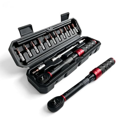 WORKKOOL 1/4" Bike Torque Wrench Set 72-Tooth Dual Direction, 15PCS Drive Click Torque Wrench Double Scale 2-24Nm/1.47-17.7ft.lb/17.7-212.42in.lb for Bicycle, Motorcycle