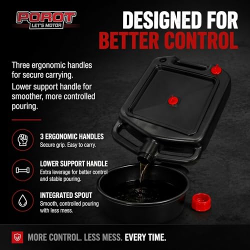 Low Profile Oil Drain Pan, 4 Quart Splash-Free Oil Change Container with Drain Spout & Screw Caps for Motorcycles, ATVs, Lawn Mowers and Small Engine Equipment