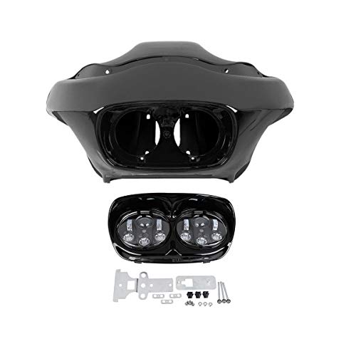 SLMOTO Motorcycle Fairing, Front Inner Fairing Inner & Outer Fairing 5.75'' Dual LED Headlight Fit for Fit for Harley Road Glide FLTR 1998-2013 Black - color: Vivid Black+Black Dual LED Headlight