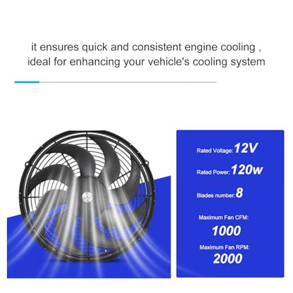 Universal 16 Inch Black Slim Radiator Cooling Fan 12V 100W Push Pull with Mount Kit – Fits Radiators for Vehicles, Cars, Trucks - size: 16 inch