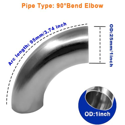 1 Inch 90 Degree Mandrel Bend Elbow SS304 Stainless Steel Bend Tube Exhaust Elbow Pipe for Car Modified Exhaust System 1" Piping Silver Tone(2PCS) - size: 1"