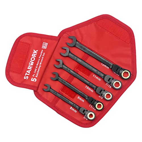 STARWORK TRUE MECHANIC™ 5-Piece 2-in-1 Flex-Head Ratcheting Wrench Set with Rolling Pouch, 120-Tooth, SAE&Metric - size: 5Pc. 120T Flexible