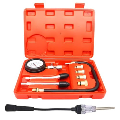 9PCS Petrol Engine Cylinder Compression Tester Kit with Spark Plug Tester, 0-21 Bar & 0-300 PSI Compression Gauge Car and Motorcycle Engine Testing Tool (Red) - color: Red