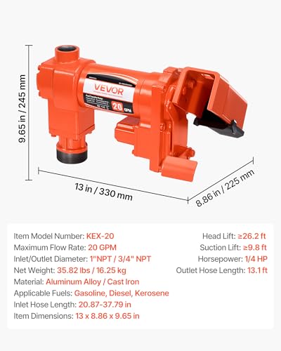 VEVOR Fuel Transfer Pump, 12V DC 20 GPM 1/4 HP Diesel Pump, Extractor Pumps with Manual Nozzle, Discharge Hose and Suction Pipe, for Gasoline, Diesel, Kerosene, Ethanol-Methanol Blends & Biodiesel - size: 12V 20GPM