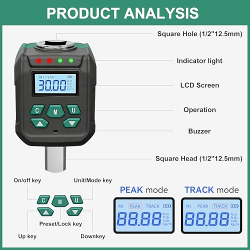 1/2" Digital Torque Wrench Adapter, ±2% Accuracy, 0.66-22 Ft-lb - size: 0.66-22 Ft-lb (0.9-30 Nm)