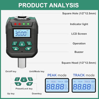 1/2" Digital Torque Wrench Adapter, ±2% Accuracy, 0.66-22 Ft-lb - size: 0.66-22 Ft-lb (0.9-30 Nm)