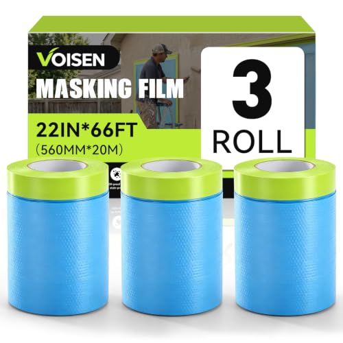 VOISEN 3 Rolls Pre-Taped Masking Film for Painting-22 x 66',Painters Plastic Sheeting with Widened Automotive Masking Tape, Plastic Tarp for Painting, Film for Car, Wall Protection - color: 3 Rolls