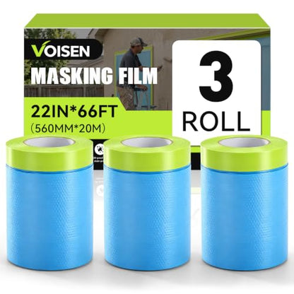 VOISEN 3 Rolls Pre-Taped Masking Film for Painting-22 x 66',Painters Plastic Sheeting with Widened Automotive Masking Tape, Plastic Tarp for Painting, Film for Car, Wall Protection - color: 3 Rolls