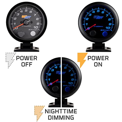 GlowShift Black 7 Color 10,000 RPM On-Dash Tachometer Gauge, 3-3/4" 95mm