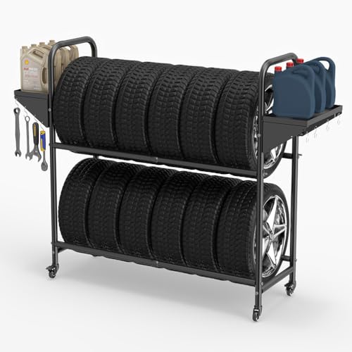 Hershii Rolling Tire Storage Rack, Tire Rack with Wheel,Tire Rack Storage - color: Black, size: 24.80-42.51'' X 15.35'' X 44.09''