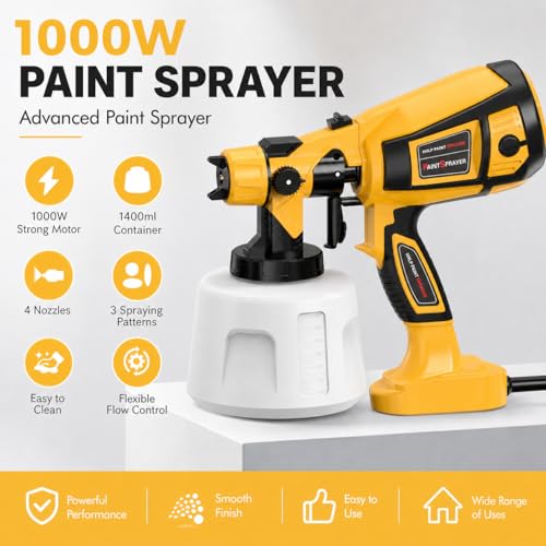 1000W HVLP Paint Sprayer for Furniture and House Painting, Electric Spray Paint Gun with Adjustable Spray Width, 4 Nozzles, 3 Spray Patterns, Blowing and Cleaning Functions, Yellow - color: bright yellow