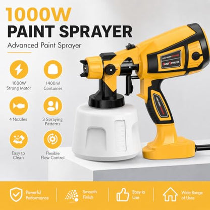 1000W HVLP Paint Sprayer for Furniture and House Painting, Electric Spray Paint Gun with Adjustable Spray Width, 4 Nozzles, 3 Spray Patterns, Blowing and Cleaning Functions, Yellow - color: bright yellow