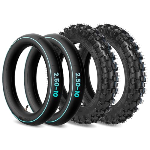 2.5-10" Off-Road Tire and Inner Tube Set, Dirt Bike Tire with 10-Inch Rim and 2.5/2.75-10 Dirt Bike Inner Tube Heavy Duty Compatiblewith Honda CRF50/XR50, Suzuki DRZ70/JR50, PW50 (2 Set) ﻿