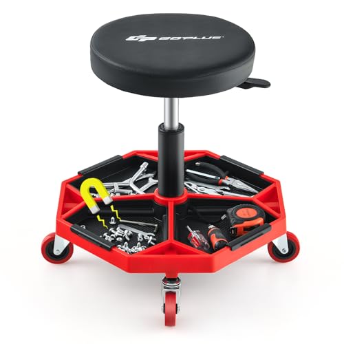Goplus Mechanic Stool with Wheels, Magnetic Tool Tray, 330LBS Capacity - color: Red, size: Tool Tray