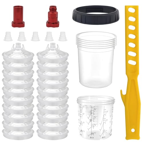 Disposable Paint Cup 20 Ounce (600 ml) Kit - 20 Paint Mixing Cups Liner, 20 Filter Lids, 2 Spray Gun Adapters, 5 Sealing Plugs, 1 Hard Cup，1 Sealing Ring, 1 Stirrer, for Car & DIY Painting