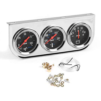 2" 52mm Chrome Panel 3in1 Car Meter Oil Pressure Fahrenheit Water Temp Ammeter Triple Gauge Kit Set Black Face
