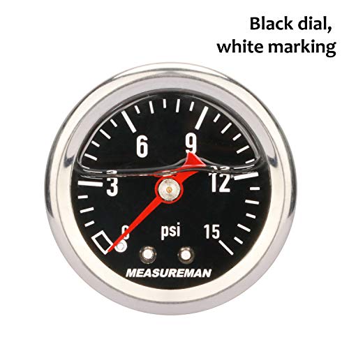 MEASUREMAN 1.5" Black Dial, 304 Stainless Steel case, Liquid Filled Fuel Pressure Gauge, 0-15Psi, 3-2-3%, 1/8" NPT Center Back Mount - size: 0-15 psi, style: Back Mount (Black Dial)