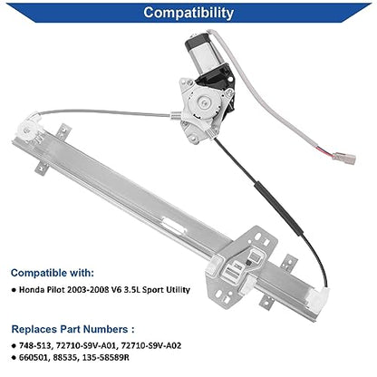 Obaee 748-513 Rear Right Passenger Side Power Window Regulator with Motor Compatible with Honda Pilot 2003-2008, Replace OE 72710-S9V-A01, 72710-S9V-A02, 660501, 88535 - size: Rear Right Passenger Side