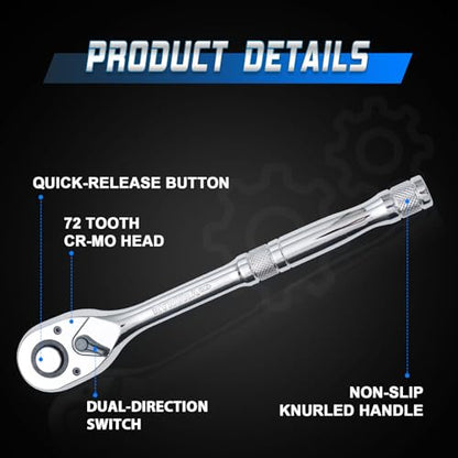 1/4 3/8/ 1/2 Inch Drive Ratchet Wrench Set,3-Piece Standard Socket Wrench Set,72-Tooth Quick Release,Reversible Ratcheting Feature with Metal Handle - size: 1/4-inch+3/8-inch+1/2-inch Set, style: Standard-Metal handle