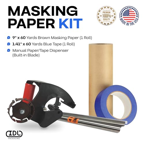 IDL Packaging Masking Kit - 9" x 60 Yards Brown Masking Paper (1 Roll) & 1.41" x 60 Yards Blue Tape (1 Roll) & Manual Paper/Tape Dispenser (Built-in Blade) - size: Pack of 1, style: Masking Kit 9" Blue