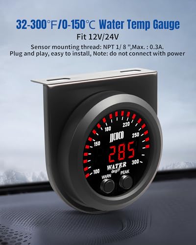 Water Temperature Gauge with 1/8NPT Sensor & Bracket 300°F Digital LED Display Water Coolant Temperature Gauge for Cars Trucks Ships Vehicle Automotive Boat Marine 2”/52mm - color: Red