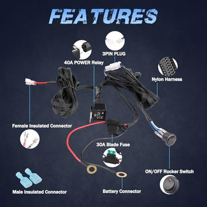 Wiring Harness 1 Lead, Fastchoy Auto 12v Nylon Led Light Bar Wiring Harness Kit with 40A Relay Fuse Rocker Switch for Light Bar Fog Lights Off Road Auxiliary Lights Wire Harness Kit for Truck UTV ATV - style: 1 Lead