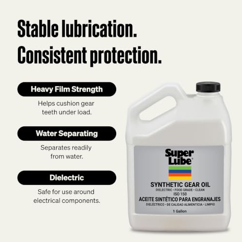 Super Lube Synthetic Gear Oil - Heavy Duty Synthetic Machinery Oil for Truck & Auto Maintenance - NSF H1 Food Grade Gear Lubricant - ISO 150 - Translucent Amber - Bottle - 1 gal (54101) - size: ISO 150 - 1gal Bottle