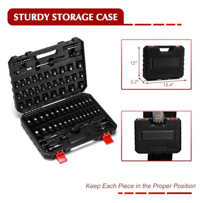 EMENTOL 109-Piece 3/8" Drive Socket Set, SAE (5/16"-15/16") & Metric (6mm-24mm), Deep & Shallow, with Ratchet Wrench, Extension Bars, Spark Plug Sockets, Universal Joint, Power Drill Adapter, Bits - size: 3/8" 109pcs