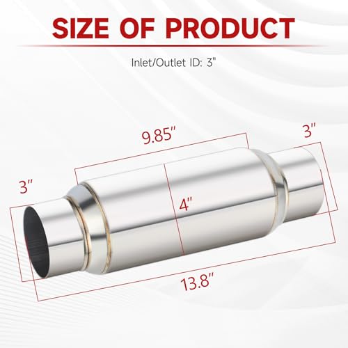 LCGP 3" Inlet Universal Resonator, 3" Outlet 13.77" Overall Length Stainless Steel High Performance Muffler, Polished, Pass-Thru Design - color: Silver, size: 3" Inlet 14" Long