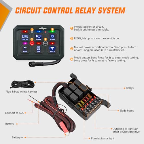 Nilight 6 Gang Switch Panel Blue 12V 60A Circuit Control System 4-Mode - color: Blue, size: 6 Gang Switch 4 Modes