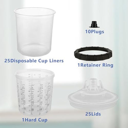 YAYODS 25 Pack Disposable Paint Sprayer Gun Cup Liners and Lid System for Spray Gun, Paint Cups 22 Ounce (650ml) Kit with 25 Mixing Cup Liners, 25 Lids, 10 Plugs, 1 Hard Cup with Retainer Ring