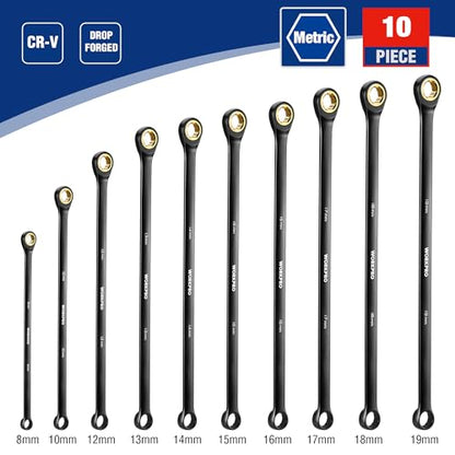 WORKPRO Extra Long Ratcheting Wrench Set, 10-Piece Anti-Slip Double Box Wrenches Set, Metric 8-19 mm, 72-Teeth, Cr-V Steel and Black Electrophoretic Coating Wrenches with Rolling Pouch - size: Metric