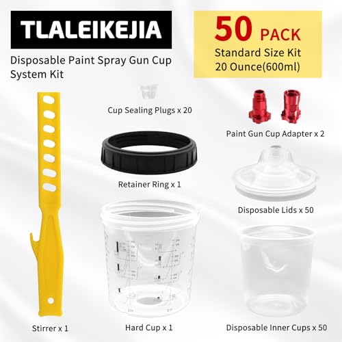 Disposable Paint Spray Gun Cup System Kit, 20oz (600ml) – 50 Disposable Paint Cup Liners with Lids & 190 Micron Filter, 2 Hard Cups with Retainer Rings, 2 Spray Gun Adapters, 20 Plugs, PTFE Tape - size: 600ml/20oz