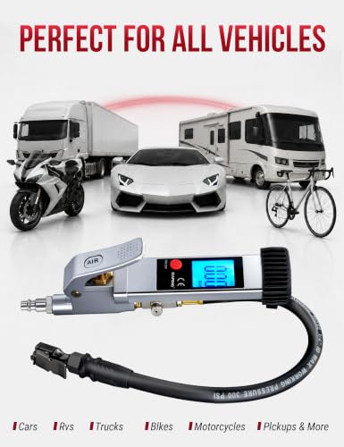 Heavy-Duty Digital Tire Pressure Gauge with Inflator, 5-230 PSI