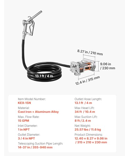VEVOR Fuel Transfer Pump, 12V DC 15 GPM, Cast Iron Diesel Transfer Pump Kit, with Manual Shut-Off Nozzle, Discharge Hose, Overheat Protection, 1/3 HP Explosion-Proof, for Gasoline Diesel Kerosene - size: 12V 15GPM Gear Design