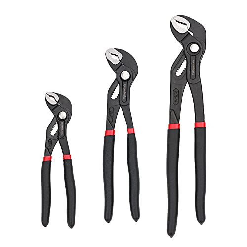 Amazon Basics 3-Piece Quick Release Groove Joint Pliers Set, Drop Forged Chrome Vanadium Steel with Comfortable Rubber Grip, Adjustable, 7-inch, 10-inch, and 12-inch, Black - size: 3-Piece, style: Groove Joint