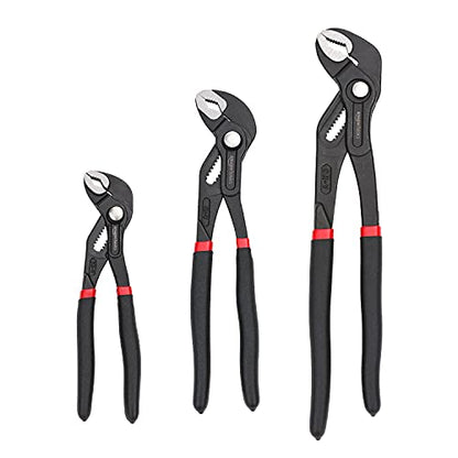 Amazon Basics 3-Piece Quick Release Groove Joint Pliers Set, Drop Forged Chrome Vanadium Steel with Comfortable Rubber Grip, Adjustable, 7-inch, 10-inch, and 12-inch, Black - size: 3-Piece, style: Groove Joint