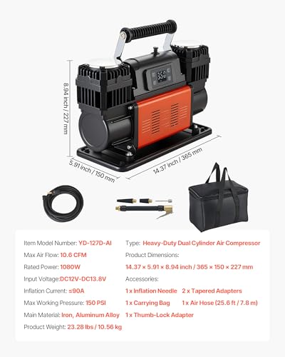 VEVOR Dual-Cylinder Heavy Duty Air Compressor, 10.6CFM Auto-Stop Portable Tire Inflator, 12V 150PSI Offroad Air Pump with LCD Digital Display & Adapters for Truck Car SUV 4 x 4 Vehicle RV - size: 14.37 x 5.91 x 8.94 inch
