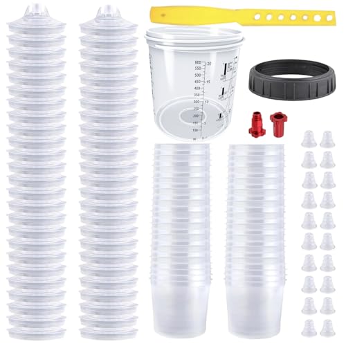 Disposable Paint Spray Gun Cup System for HVLP Paint Spray Paint Gun, Standard 20 Ounce (600ml) Kit with 50 Cups and Lids, 1 Hard Paint Mixing Cup with Retainer Ring and 20 Plugs. - color: Dis-600m1-50pcs